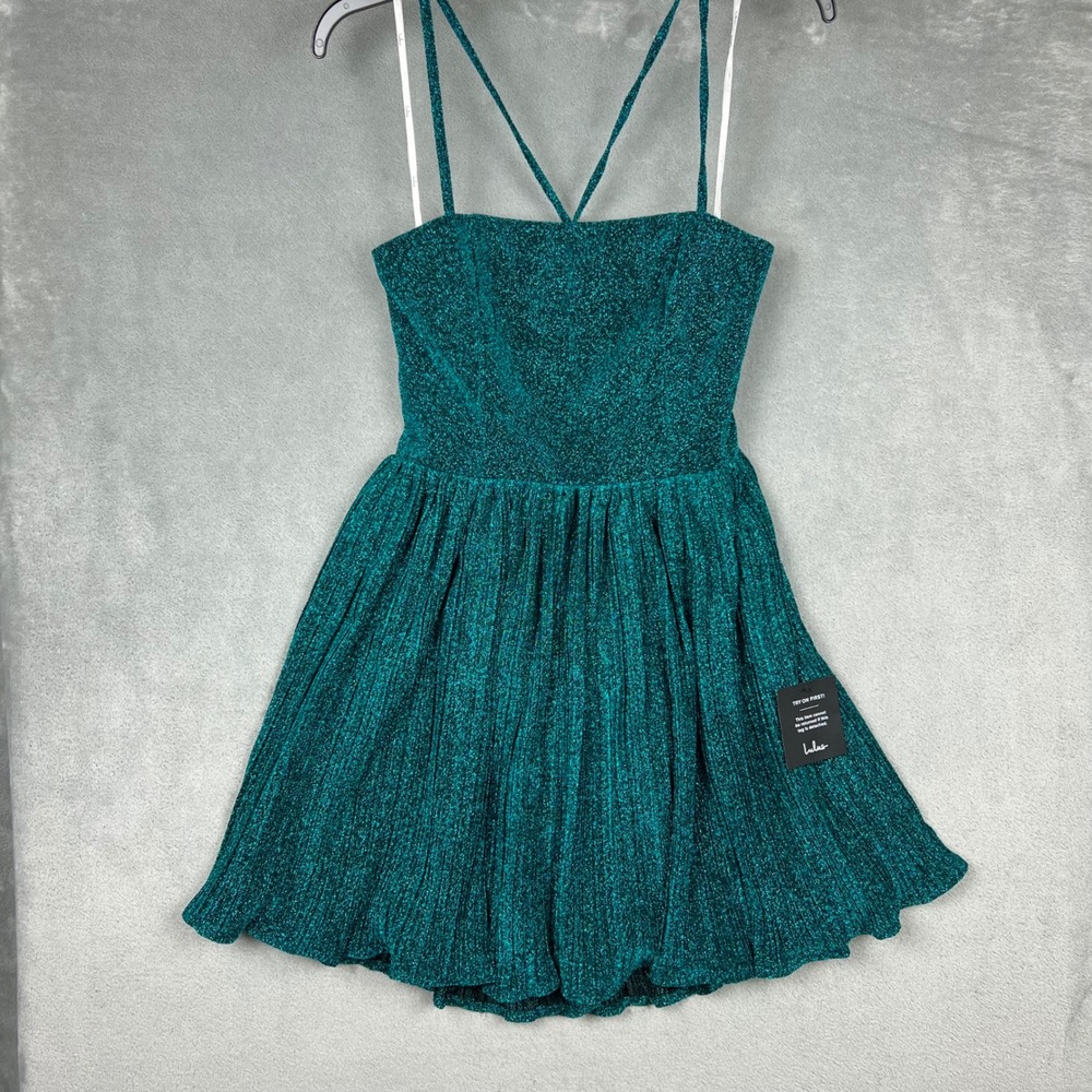 NWT Lulus Teal Green Glitter Pleated Skater Mini Dress Lace Up Back Size Medium